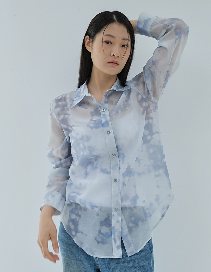 rysm) Sheer print over shirts (Blue)